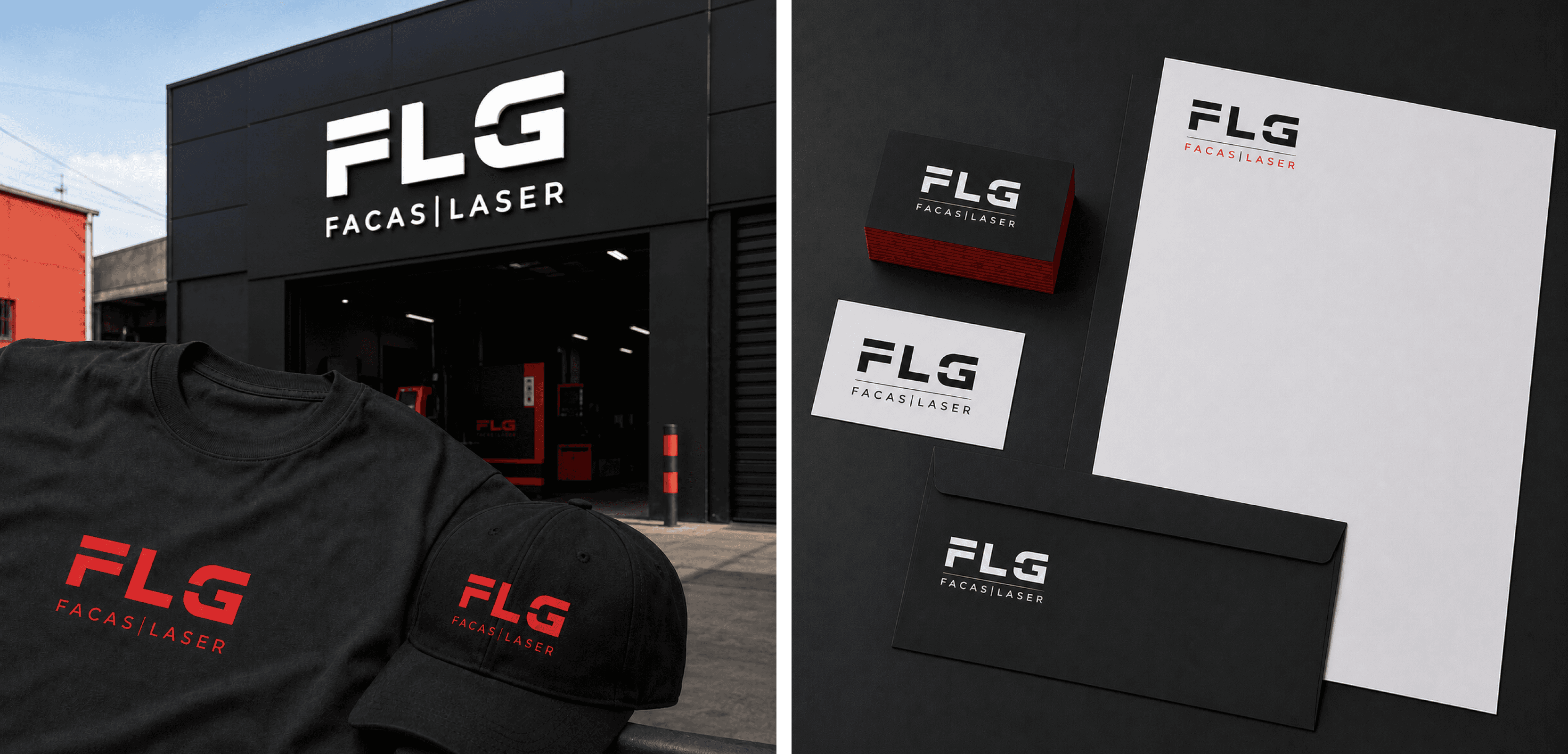 FLG identity system applied across print, signage, and vehicle surfaces