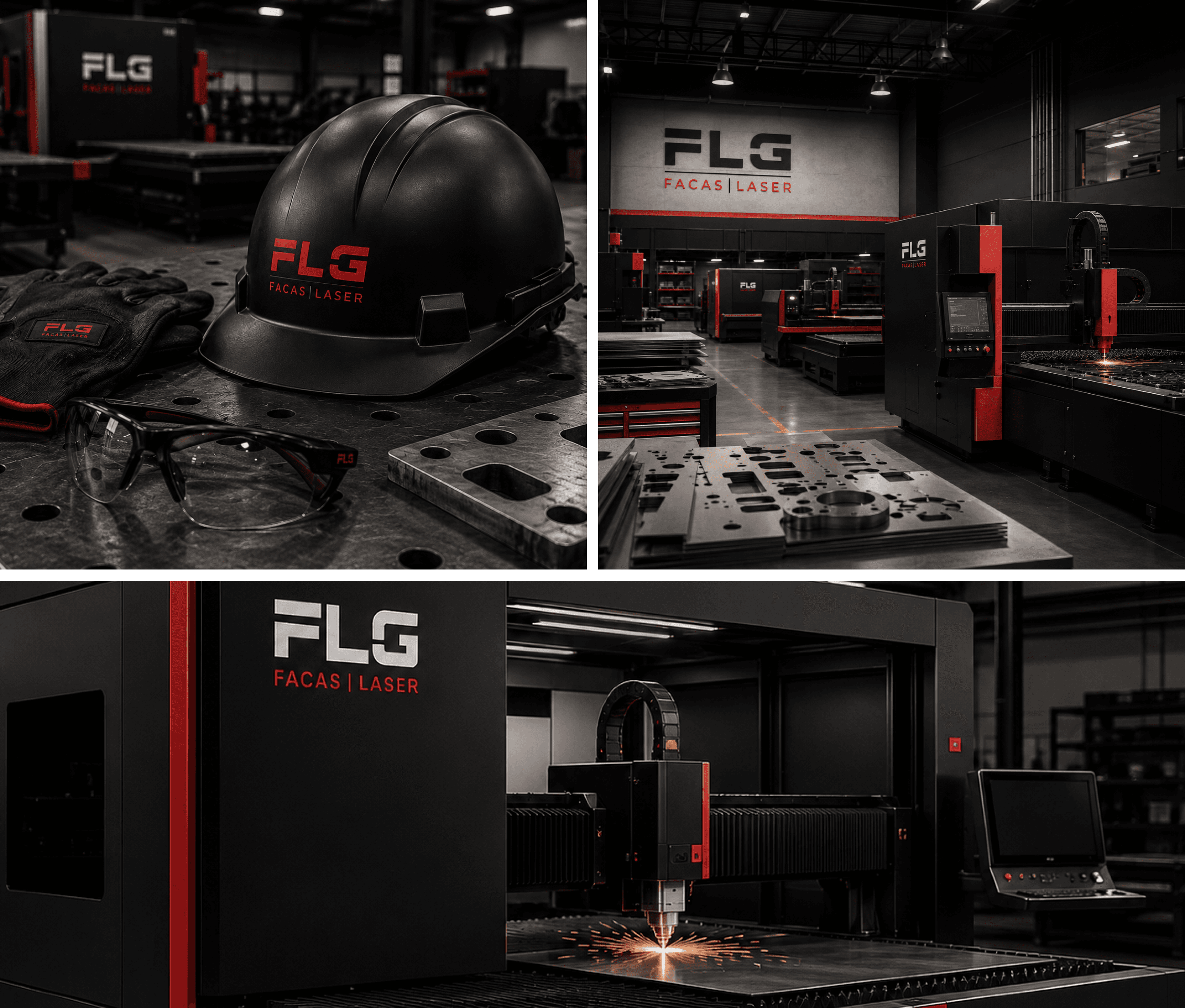 FLG brand identity system applied across print, signage, and vehicle surfaces