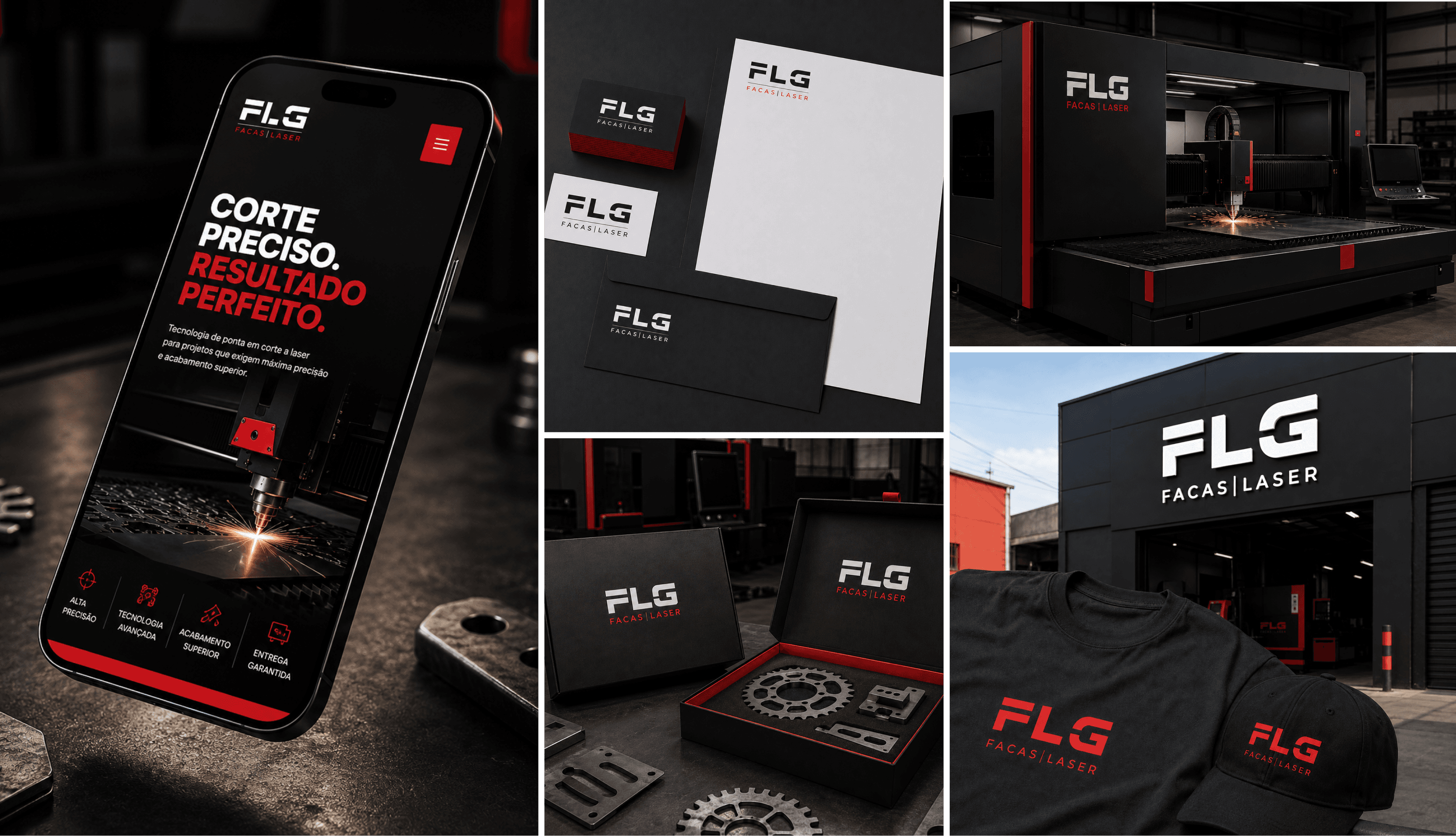 FLG brand identity system shown in real-world application