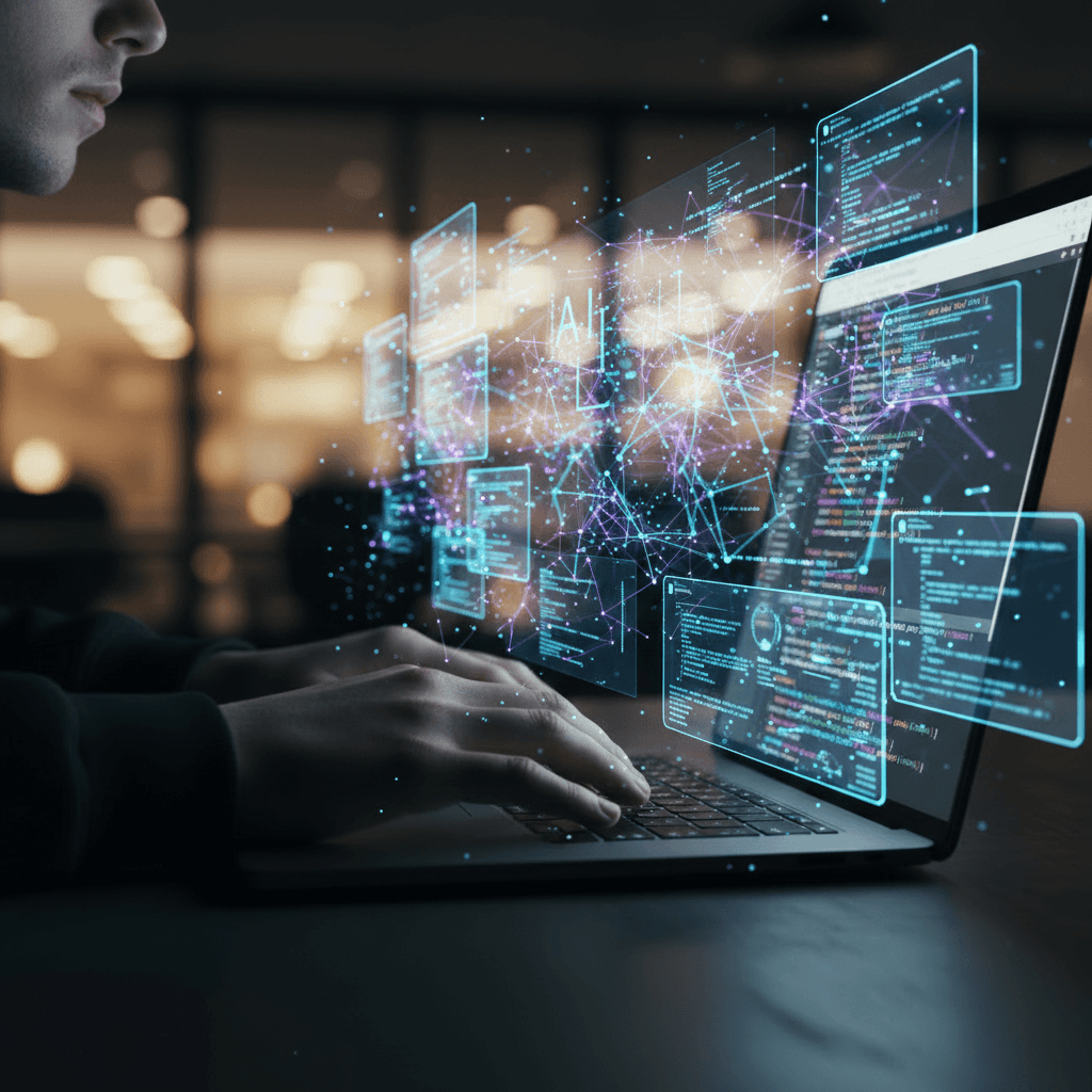 Developer working on a laptop surrounded by a holographic UI overlay of code and data panels