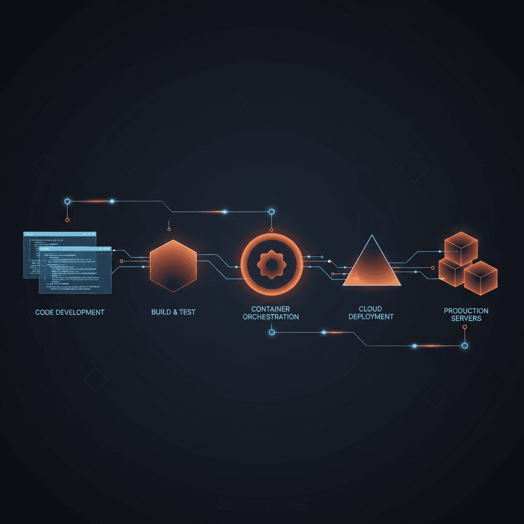 Pipeline diagram from code development to production servers illustrating the build phase