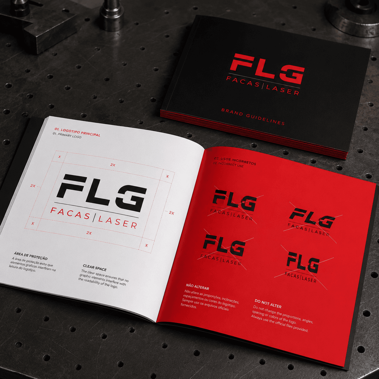 FLG Facas Laser brand guidelines book photographed on a workbench