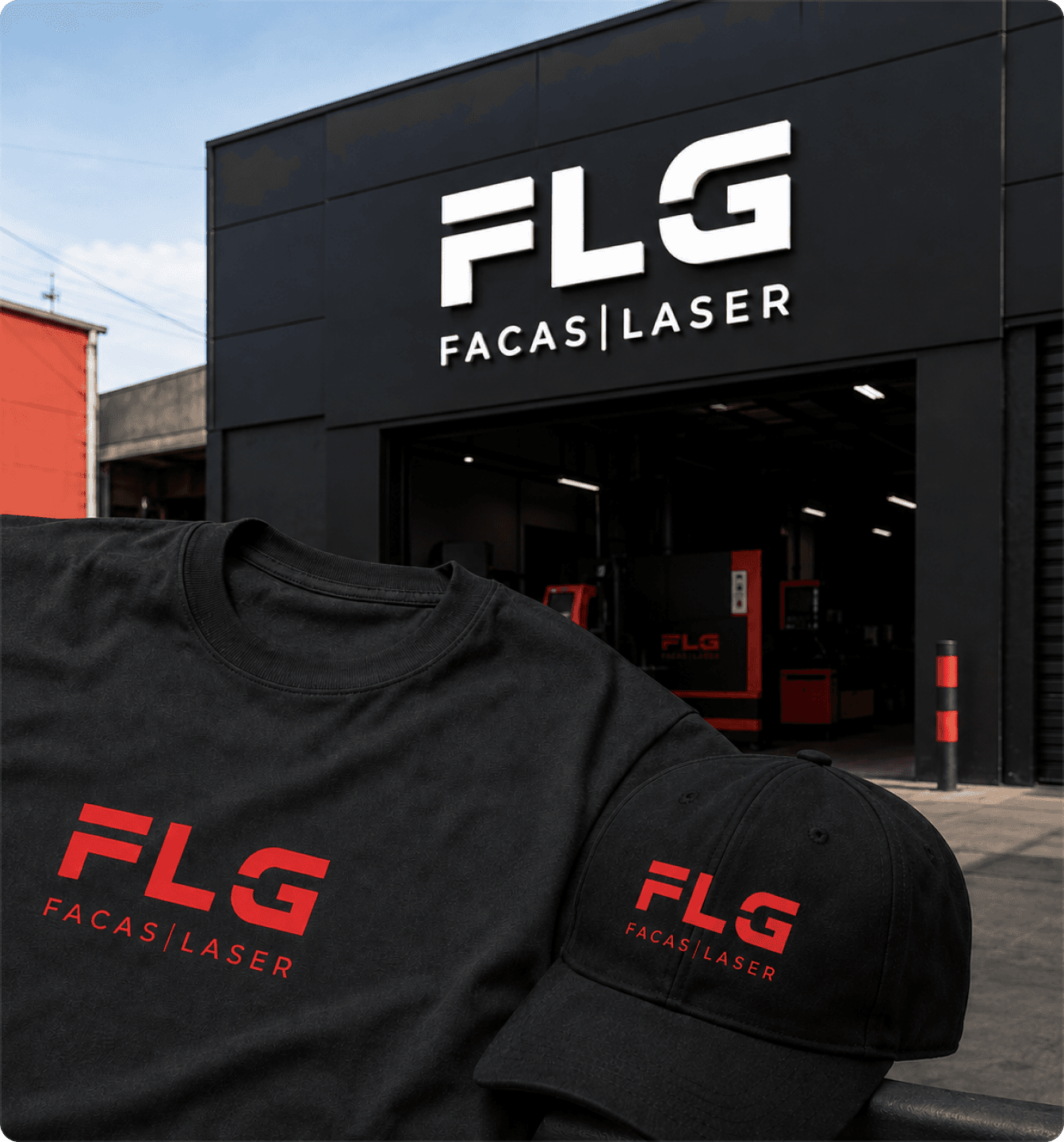 FLG Facas Laser branded storefront, t-shirt, and cap