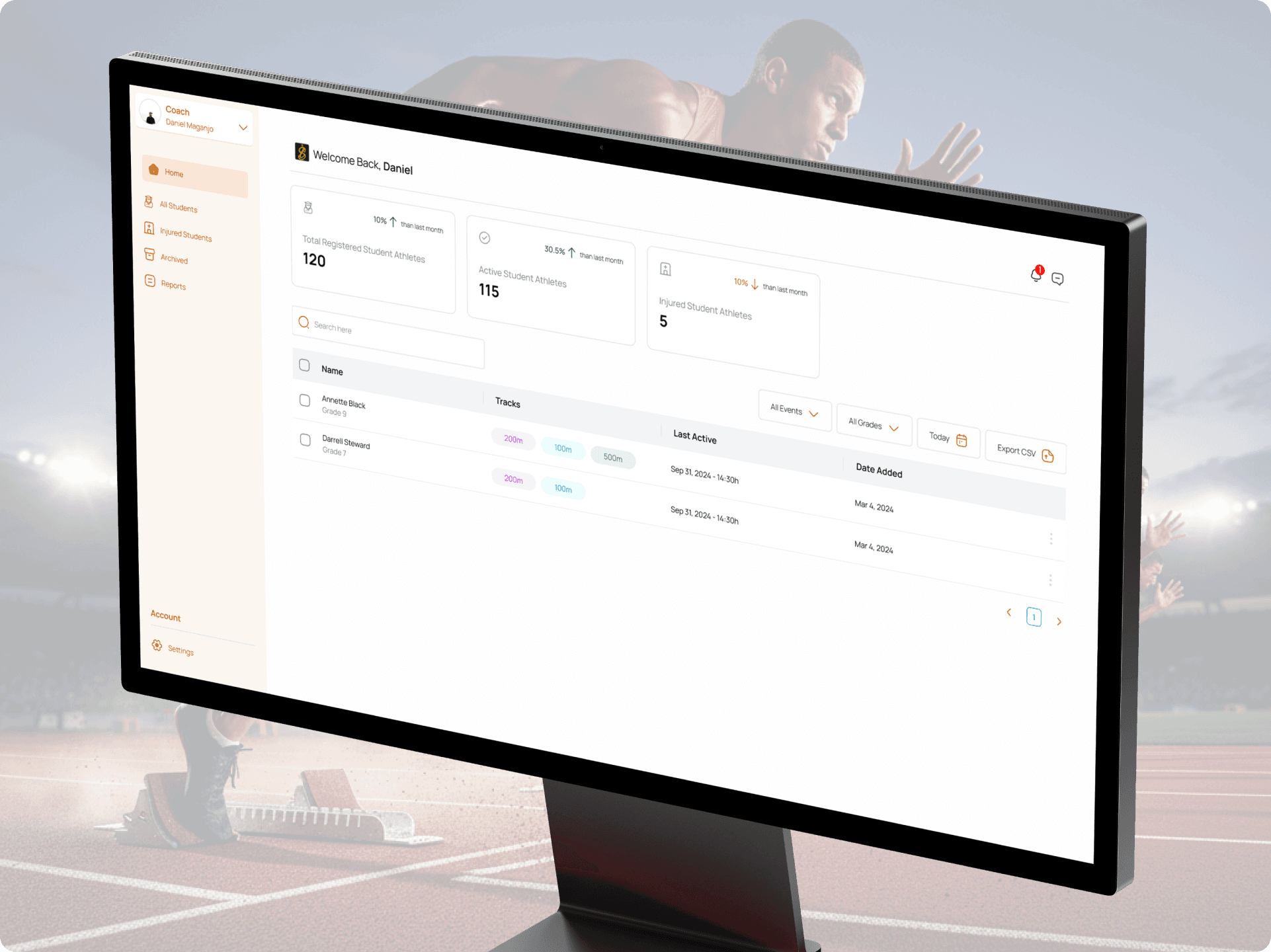 iSTEAM student athlete tracking dashboard shown on a desktop monitor