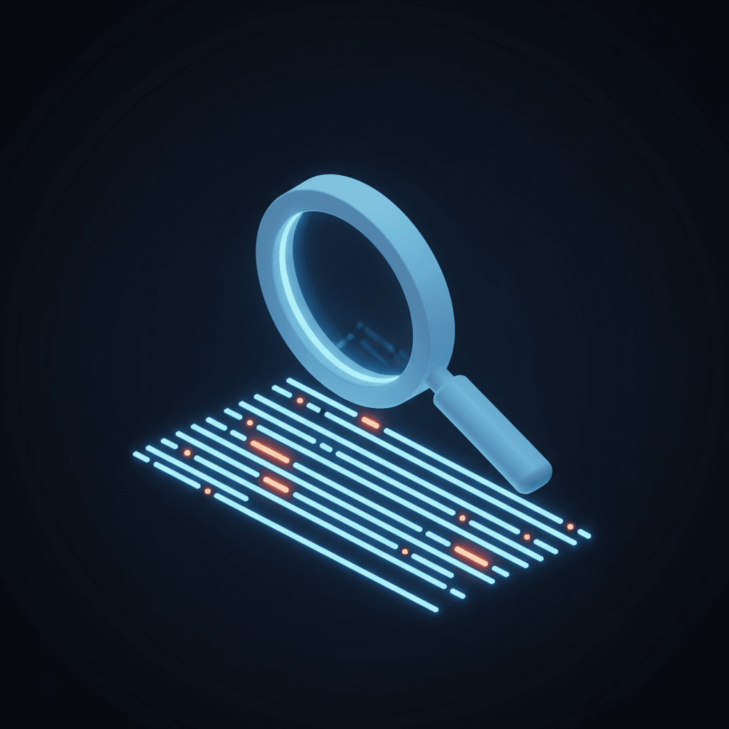 Magnifying glass scanning lines of code illustrating the health check step